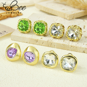 European Exquisite Crystal Statement Copper <b>Stud</b> <b>Earrings</b> 14k Gold Square Moissanite Color Stone <b>Earring</b> - Product Image 2
