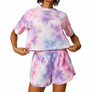 Ensemble deux pièces pour femmes, couleur unie, haut court avec short à cordon de serrage, tenue décontractée d'été, taille haute, manches courtes, tenue de yoga - Product Image 1
