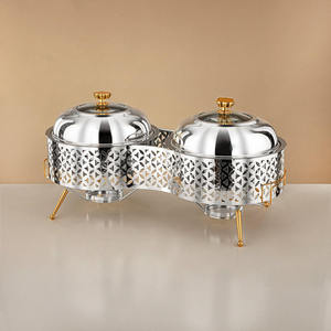 Lujoso calentador de acero inoxidable de doble cuenco con tapa de cristal, soporte con patas doradas y diseño geométrico, para buffet, unidad individual - Product Image 3