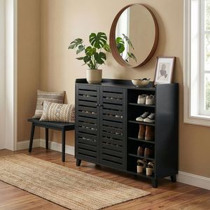 Mobiletto Portascarpe Nero con 2 Ante e 5 Scomparti Aperti 116*35.5*107cm, Pannello Posteriore e Piano in MDF 116*35.5*107cm - Product Image 2