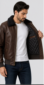 <b>Men's</b> Genuine Leather Bomber <b>Jacket</b> <b>Shearling</b> Collar Brown Winter Aviator Premium Outerwear Wholesale Windproof Heated - Product Image 4