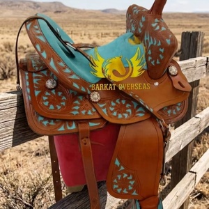 Custom Brown <b>leather</b> with turquoise inlay hand carved floral <b>tooling</b> Genuine <b>Leather</b> Western Horse Saddle Portable comfy seat - Product Image 1