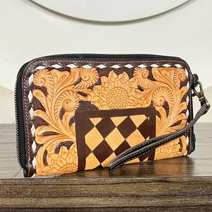 Vintage Style Handcrafted Tooled Checkered Leather Floral Embossing Zipper Clutch RFID <b>Wristlet</b> Multiple Card Holder <b>Wallet</b> - Product Image 2