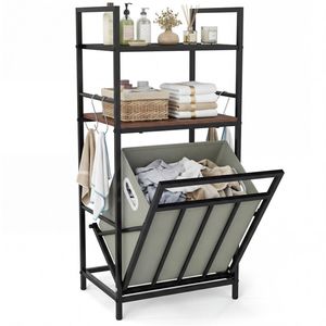Cesto Portabiancheria Ribaltabile Nero Rustico Marrone a Doppio Livello con 4 Ganci a S in Rattan, Bambù, Legno Ingegnerizzato e Metallo per Bagno - Product Image 1