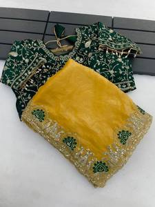 Yellow <b>Green</b> Satin <b>Silk</b> with Sequence and Zari Embroidery Traditional Saree With Blouse For Women Wedding and Party Wear Saree - Product Image 2