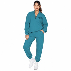 <b>Womens</b> Teal Quarter-Zip Hooded <b>Fleece</b> Sweatshirt & <b>Jogger</b> Tracksuit Set | Casual Gym Activewear with Custom Logo - Product Image 1