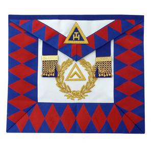 Tablier maçonnique brodé sur mesure, motif à carreaux bleu et rouge avec bordure dorée et insignes symboliques pour usage cérémoniel des francs-maçons - Product Image 1