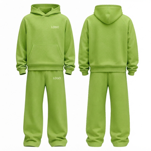 Men Lime Hooded <b>Tracksuit</b> Set Solid Color Full Length 100% Cotton Casual Sweatshirt With 320 Gsm Regular Fit Wear - Product Image 1