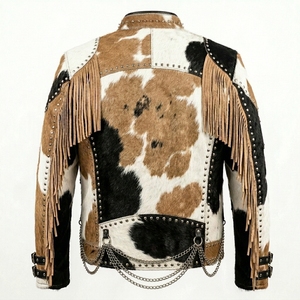 Chaqueta de cuero vacuno con flecos tricolor, estilo gótico, rockero, western, con pentagrama de cuentas, punk, oculto, heavy metal, proveedor personalizado - Product Image 2