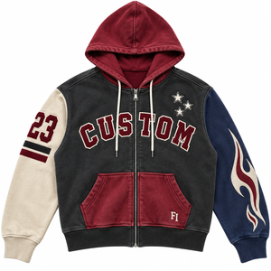 Custom Distressed Washed Color Block <b>Thick</b> Cotton Hoodies <b>Men</b> Screen Printed Oversized Zip up <b>Hoodie</b> - Product Image 4