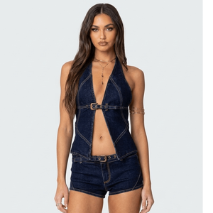 Indigo Denim Halter & Micro Short Set Buckled Waistcoat Top & Slim Fit Denim Shorts Sculpted Denim Vest and Low Rise Shorts Set - Product Image 5