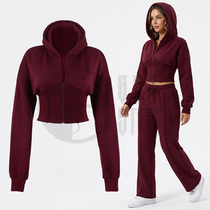 Conjunto Deportivo de Moda 2026 para Mujer, Sudadera Corta con Capucha, Cintura Elástica, Felpa, Poliéster/Algodón, Estilo Urbano, Color Borgoña, 2 Piezas - Product Image 1