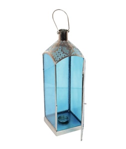 Lanternes en métal argenté avec verre bleu ciel, grandes lanternes de sol, décorations du Ramadan, vente en gros - Product Image 6
