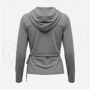 Women's Gray Long Sleeve Hooded <b>Wrap</b> <b>Top</b> With Drawstring Closure And Self-Tie Waist Solid Color <b>Yoga</b> Wear - Product Image 3