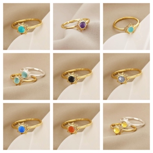 Natural Gemstone Sunburst <b>Rings</b> - Gold Plated <b>Adjustable</b> <b>Ring</b> for Women Jewelry - Product Image 1