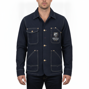 Camisa Chaqueta de Trabajo de Mezclilla Azul Oscuro para Hombre Grizzly con Logotipo Bordado y Cierre de Botones - Product Image 4