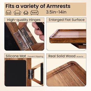 Acacia Wood Couch Arm Tray,<b>Folding</b> Sofa Armrest Tray,Couch Arm <b>Table</b> Clip-On Couch Desk for Drinks, Snacks,Phone,Remote Control - Product Image 2