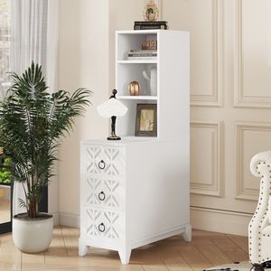 Tavolino Angolare Alto Bianco con 2 Ripiani Aperti e 3 Cassetti, Elegante Comodino per Camera da Letto, Data di Arrivo Prevista - Product Image 1