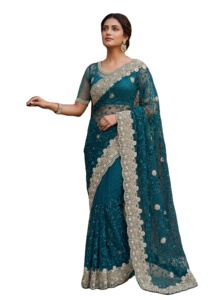 Party Wear Embroidery Net <b>Saree</b> <b>Blouse</b> Women's Traditional Indian Designer Embroidery Work with Pearls Diamonds Work - Product Image 3