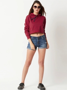 Hoodie court pour femme, couleur bordeaux, manches longues, couleur unie, tricoté, vêtement décontracté, 100% coton, style été - Product Image 5