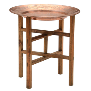 โต๊ะกาแฟทรงกลมสไตล์โมร็อกโกโต๊ะโบราณฐานไม้แกะสลักโลหะเงิน - Product Image 4