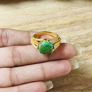 2026 Modern Style Green <b>Turquoise</b> Brass <b>Ring</b> Vintage Cutout Texture <b>Ring</b> 18k Gold Plated Statement Wholesale <b>Ring</b> For Women - Product Image 2