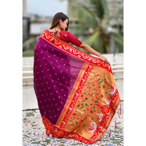 Sari en soie Paithani Rajhans tissé en zari magenta, châle indien haut de gamme, tissages d'élite, 650g - Product Image 4