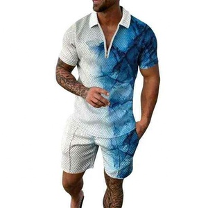 Conjuntos de pantalones cortos informales ropa de marca de hombre novedad de verano al por mayor con Polo de manga corta y conjuntos sólidos de 2 piezas de dos tonos de color - Product Image 1