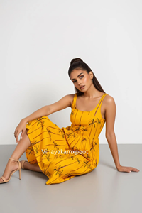 Vestido Largo de Algodón Amarillo Mostaza con Estampado Artesanal de Palmeras, Estilo Boho, Sin Mangas, Moda Veraniega Sostenible - Product Image 3