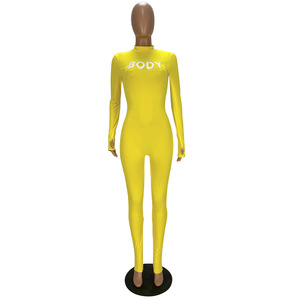 Mono amarillo de manga larga con cuello alto para mujer, cintura alta, ajuste ceñido, estampado de poliéster y elastano, ropa de club, largo completo - Product Image 1