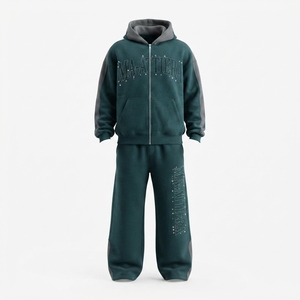 Conjunto de Sudadera con Capucha Verde Oscuro Personalizada con Cierre y Pantalones Deportivos Anchos, Chándal Gráfico Extra Grande para Hombre - Product Image 4