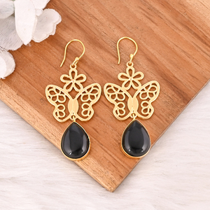 Boucles d'oreilles papillon en onyx noir naturel, plaquées or, faites à la main, serties de pierres, bijoux pour femmes - Product Image 2