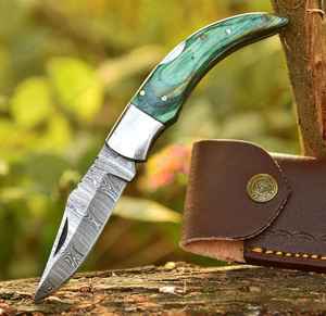 Couteau pliant professionnel en acier Damas forgé à la main, personnalisé, magnifique, pour le camping en plein air, de qualité industrielle, avec étui - Product Image 2