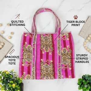 Bolso Tote de Algodón Acolchado con Estampado de Tigre Rosa, Bolso de Hombro de Tela Acolchada Hecho a Mano con Ribete en Contraste, el Mejor Bolso de Compras para Mujer - Product Image 6