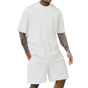 New Fashion Summer Men's Casual 2-Piece <b>Knitted</b> 300gram Solid Pattern Quick Dry Breathable T-Shirt and Shorts <b>Set</b> - Product Image 1
