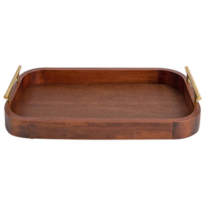 Plateau élégant en manguier rectangulaire au design personnalisé avec poignées en métal doré Plateau de présentation en bois à bords arrondis et accent décoratif - Product Image 2