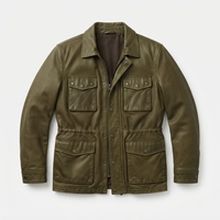Veste en cuir vert olive pour homme, style workwear, col rabattu, fermeture éclair, quatre poches, doublure en coton, vêtement d'automne