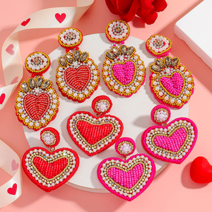Valentine's Day <b>Pink</b> Seed Beads <b>Braided</b> Drop Earrings Female Cute Heart Shape Crystal Handmade Beaded Earrings for Women - Product Image 6