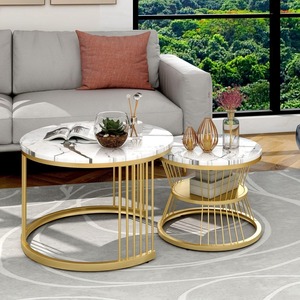 Modern <b>Round</b> Nesting <b>Coffee</b> <b>Table</b> Set of 2, White <b>Marble</b> Look Top, Plywood Frame, Living Room Side <b>Tables</b> - Product Image 5