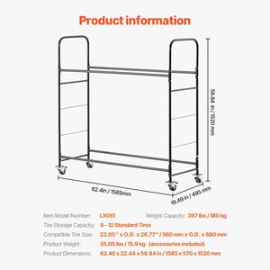 Carrello porta pneumatici in acciaio a 2 ripiani per garage, per stoccaggio ruote pesanti - Product Image 2