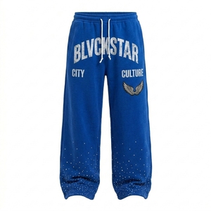 Conjunto de Pantalones Jogger Anchos de Algodón y Sudadera con Cremallera para Hombre, con Detalles de Pedrería, Estampado Urbano, Traje Deportivo - Product Image 2