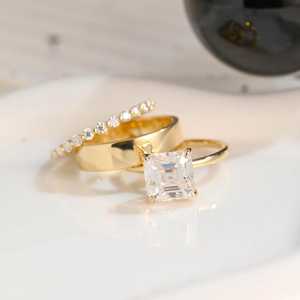 Lab Grown 1.02CT Asscher Cut Diamond With Wide Band <b>Ring</b> <b>Set</b> Full Eternity 18K Yellow <b>Gold</b> Fine Engagement Proposal for Lovers - Product Image 1