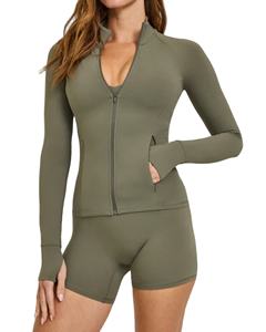 Chaqueta de yoga para mujer, personalizada, de corte ajustado, antiestática, con cremallera completa, cuello alto y orificios para los pulgares, para rendimiento en running. - Product Image 1