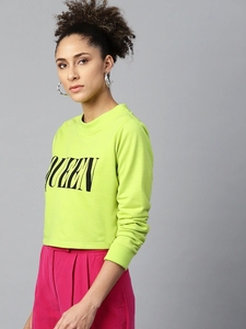 Sudadera de Cuello Redondo Verde Neón para Mujer con Estampado de Reina, Manga Larga, Informal, Transpirable, de Algodón Tejido, para Verano - Product Image 1