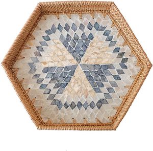 Plateau de rangement rond en rotin de conception spéciale pour la cuisine Organisateur de boissons et d'aliments aux fruits à un niveau avec coquille complexe incrustée - Product Image 1