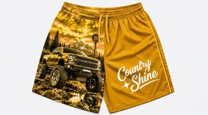 Shorts pour hommes Country Shine avec logo imprimé sur le devant, motif camion et montagne bleu, séchage rapide, cordon de serrage, décontracté, sport - Product Image 4