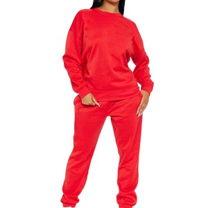 Ensemble sweat-shirt et pantalon de jogging en polaire rouge pour femme, col rond, manches longues, couleur unie, coupe ample décontractée, tenue assortie toutes saisons - Product Image 4