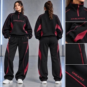 <b>Women's</b> Black Red Quarter Zip Tracksuit Set Sportswear Pullover Sweatshirt <b>Jogger</b> Pants Casual Athletic Two Piece <b>Outfit</b> - Product Image 2