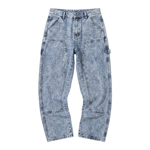 Pantalon de travail en jean délavé à double genouillère pour homme, coupe ample, denim épais, multi-poches, style streetwear, collection 2026 - Product Image 1