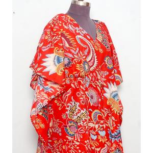 Indian Woman Maxi <b>Kaftan</b> Dresses Soft Breathable Cotton Relaxed Gown Ruffle Sleeves Floral printing Eco-Friendly 100% Cotton - Product Image 3